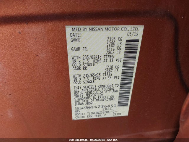 2015 NISSAN MURANO SL VIN: 5N1AZ2MH9FN236451