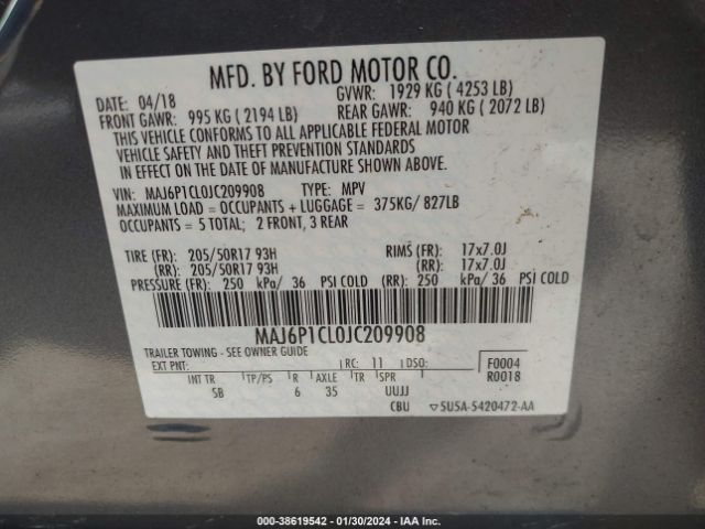 MAJ6P1CL0JC209908 Ford Ecosport Ses
