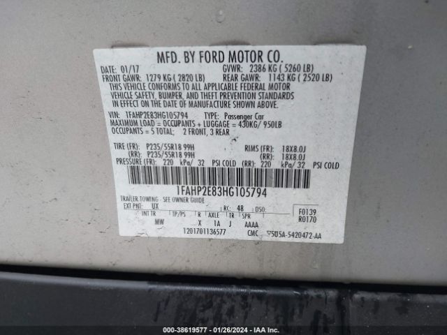 1FAHP2E83HG105794 Ford TAURUS SEL