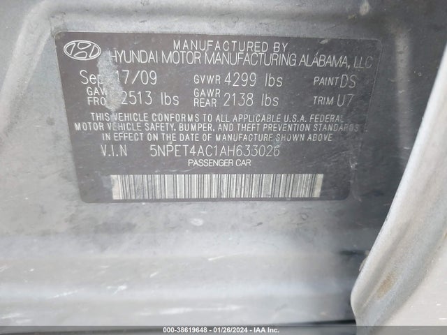 2010 HYUNDAI SONATA GLS VIN: 5NPET4AC1AH633026