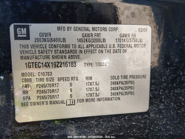 2009 GMC SIERRA 1500 WORK TRUCK VIN: 1GTEC14X19Z216183