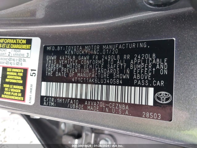 Toyota CAMRY LE 2020 4T1C11AK6LU340584 Image 9