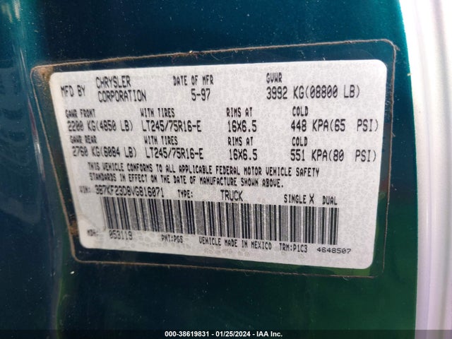 1997 DODGE RAM 2500 ST VIN: 3B7KF23D8VG816071
