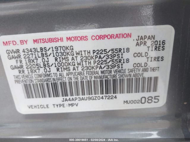 JA4AP3AU9GZ047224 Mitsubishi Outlander Sport 2.0 Es