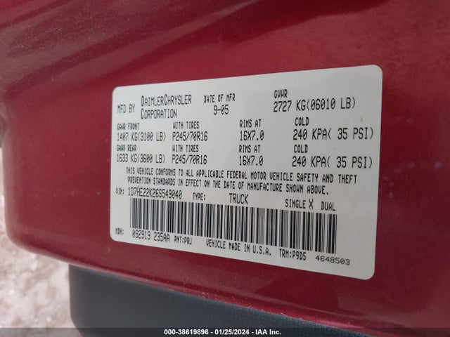 2006 DODGE DAKOTA ST VIN: 1D7HE22K26S549040