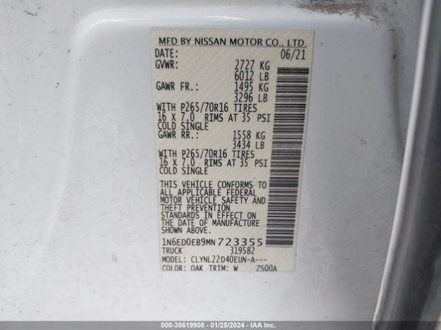 Nissan Frontier Sv 4x4 2021 1N6ED0EB9MN723355 Image 9