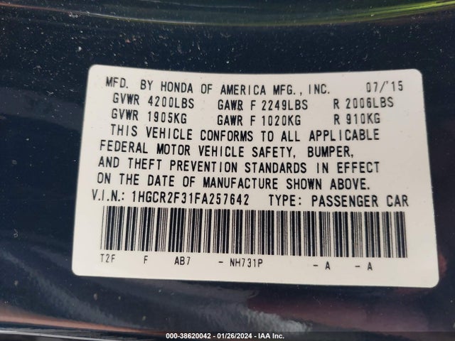 Honda ACCORD LX 2015 1HGCR2F31FA257642 Image 9