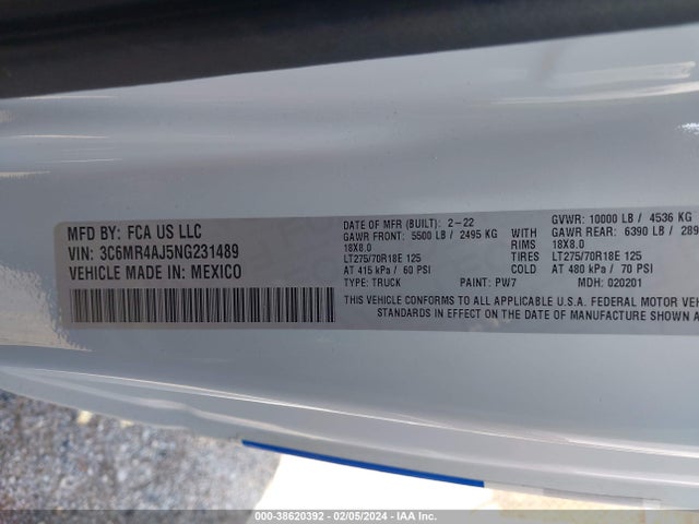 RAM 2500 Tradesman Regular Cab 4x2 8' Box 2022 3C6MR4AJ5NG231489 Image 9