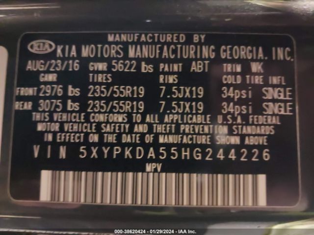 5XYPKDA55HG244226 KIA Sorento 3.3l Sxl