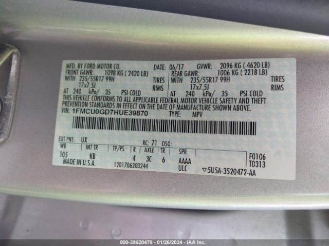 1FMCU0GD7HUE39870 Ford ESCAPE SE