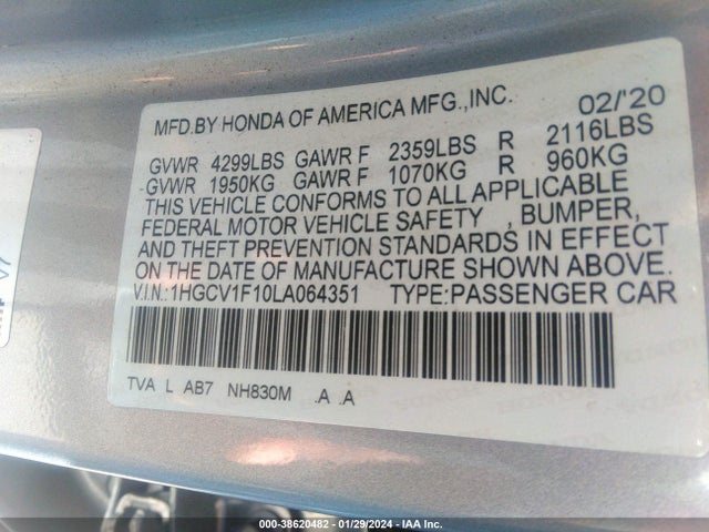 Honda ACCORD LX 2020 1HGCV1F10LA064351 Image 9