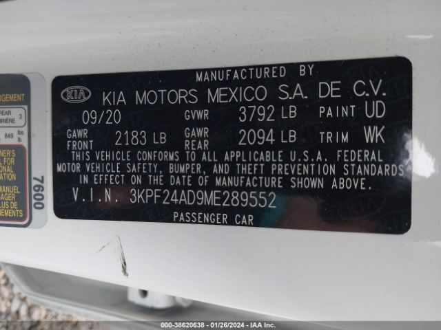 3KPF24AD9ME289552 KIA FORTE FE