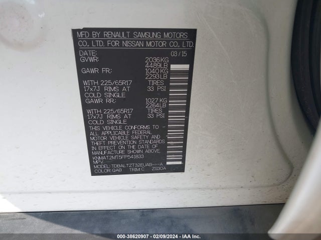 Nissan ROGUE SV 2015 KNMAT2MT5FP541833 Image 9
