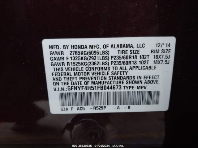 5FNYF4H51FB044673 Honda Pilot Ex-l