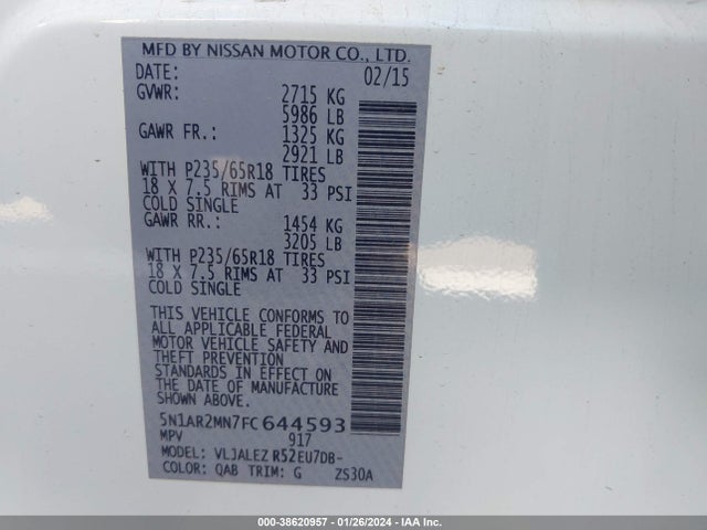 Nissan Pathfinder Sv 2015 5N1AR2MN7FC644593 Image 9