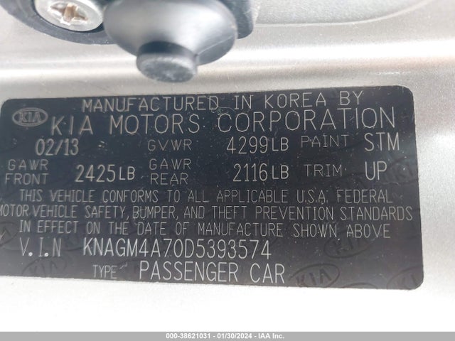 Auction sale of the 2013 Kia Optima Lx, vin: KNAGM4A70D5393574, lot number: 38621031