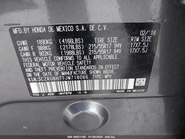 2018 HONDA HR-V EXL VIN: 3CZRU6H71JM718066