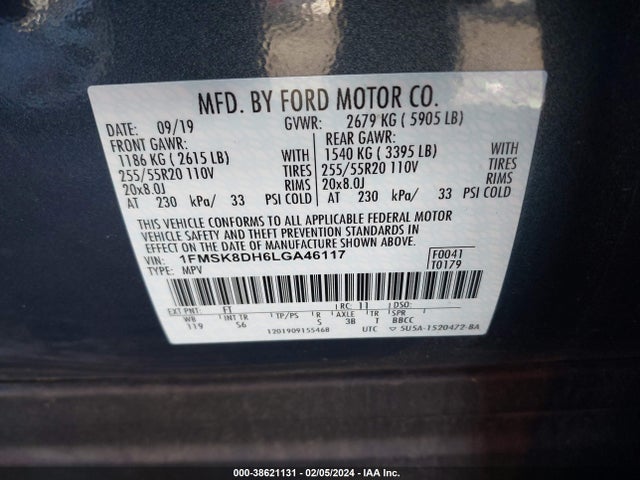 2020 FORD EXPLORER XLT VIN: 1FMSK8DH6LGA46117