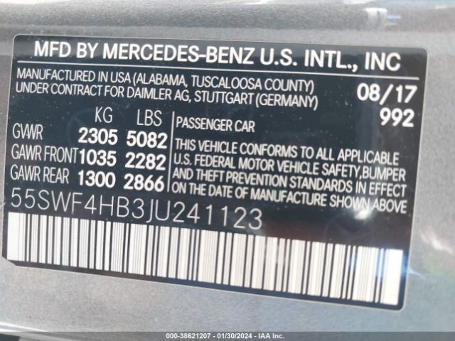 55SWF4HB3JU241123 Mercedes-Benz C 350E