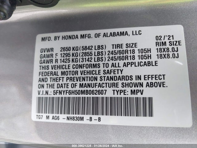 Honda Pilot Awd Ex-l 2021 5FNYF6H50MB062607 Image 9