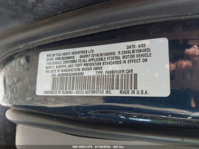 2002 SUBARU LEGACY OUTBACK VIN: 4S3BH665226663352
