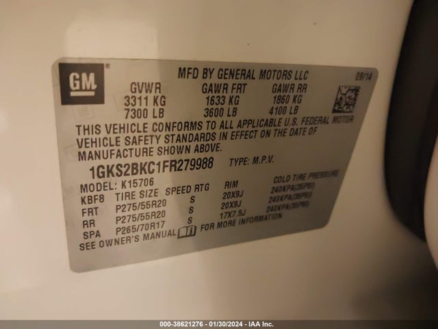 GMC YUKON SLT 2015 1GKS2BKC1FR279988 Image 9