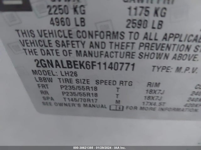 Chevrolet EQUINOX 1LT 2015 2GNALBEK6F1140771 Image 9