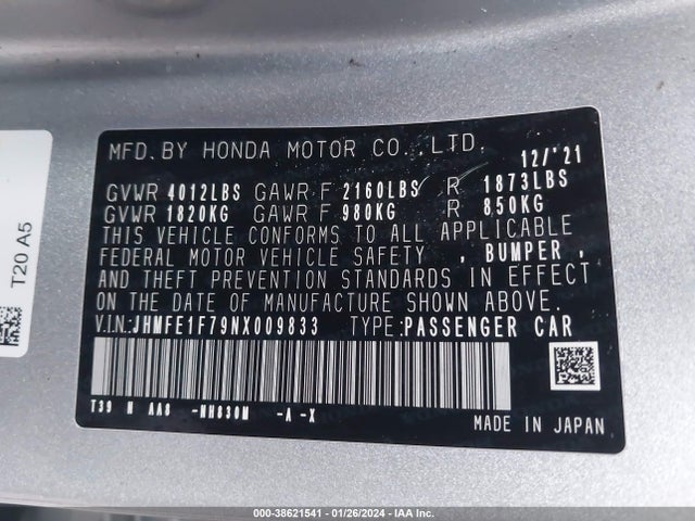 Honda CIVIC EX 2022 JHMFE1F79NX009833 Image 9