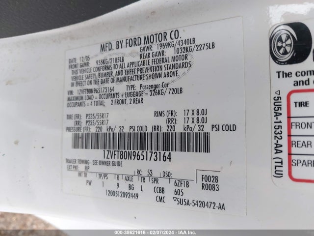 2006 FORD MUSTANG V6 VIN: 1ZVFT80N965173164