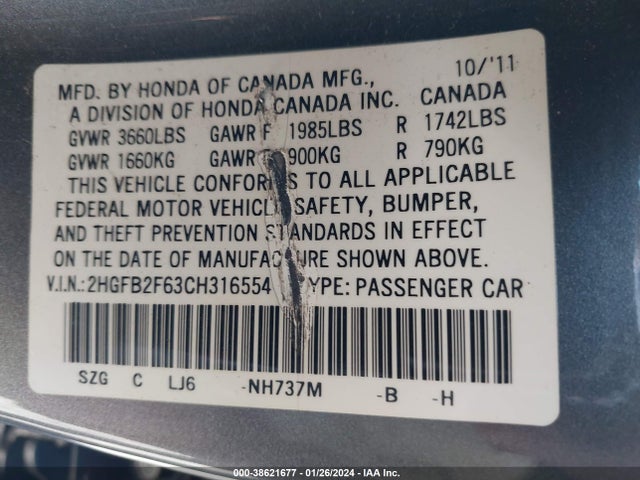 2012 HONDA CIVIC HF VIN: 2HGFB2F63CH316554