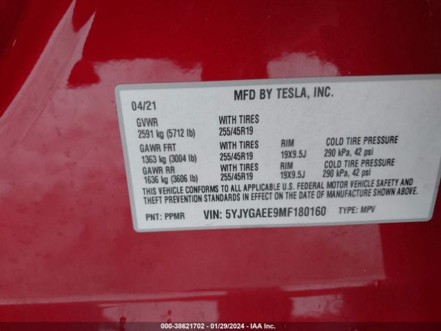 5YJYGAEE9MF180160 Tesla Model Y Long Range Dual Motor All-wheel Drive