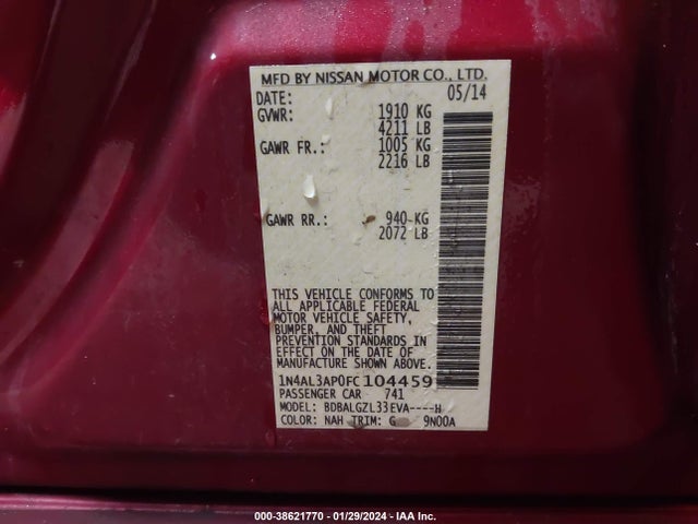 Nissan Altima 2.5 S 2015 1N4AL3AP0FC104459 Image 9