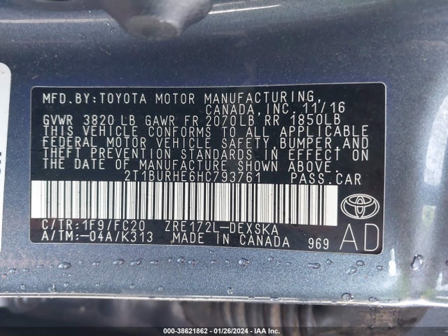 Aukcja sprzedaży 2017 Toyota Corolla Se, vin: 2T1BURHE6HC793761, numer aukcji: 38621862