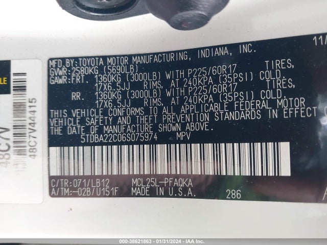 2006 TOYOTA SIENNA XLE VIN: 5TDBA22C06S075974