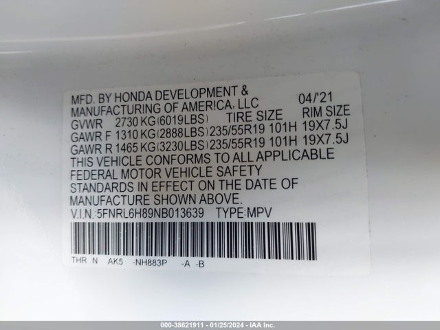 Honda Odyssey Touring 2022 5FNRL6H89NB013639 Image 9