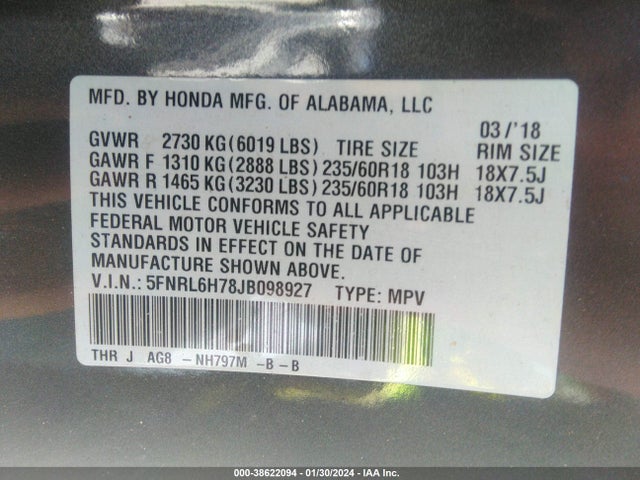 Honda Odyssey Ex-l 2018 5FNRL6H78JB098927 Image 9