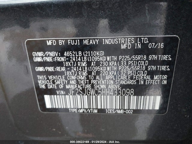 2017 SUBARU FORESTER 2.0XT TOURING VIN: JF2SJGWC5HH433098