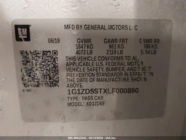 38622242 :رقم المزاد ، 1G1ZD5STXLF000890 vin ، 2020 Chevrolet Malibu Fwd Lt مزاد بيع