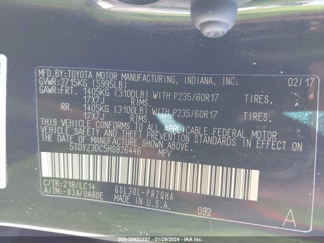 2017 TOYOTA SIENNA XLE 8 PASSENGER VIN: 5TDYZ3DC5HS826446