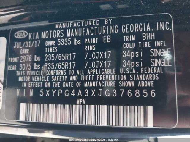 5XYPG4A3XJG376856 KIA Sorento 2.4l Lx