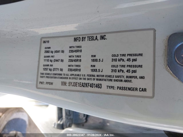 Tesla Model 3 Long Range/mid Range/standard Range/standard Range Plus 2019 5YJ3E1EA2KF401463 Image 9
