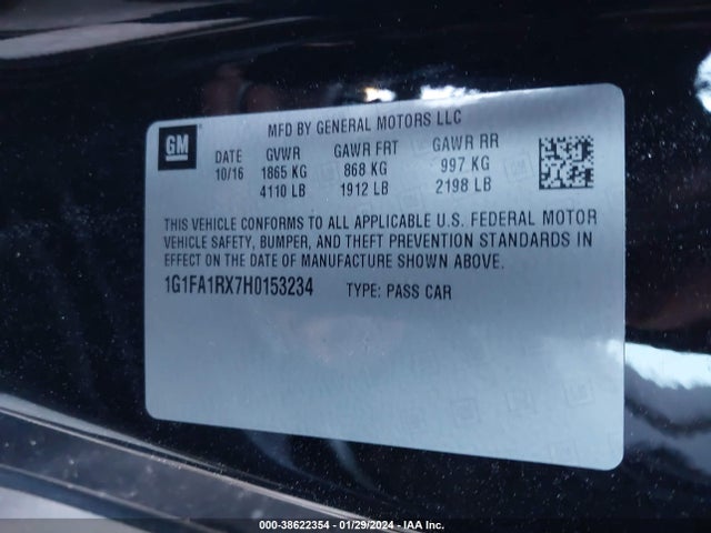 Продажа на аукционе авто 2017 Chevrolet Camaro 1lt, vin: 1G1FA1RX7H0153234, номер лота: 38622354
