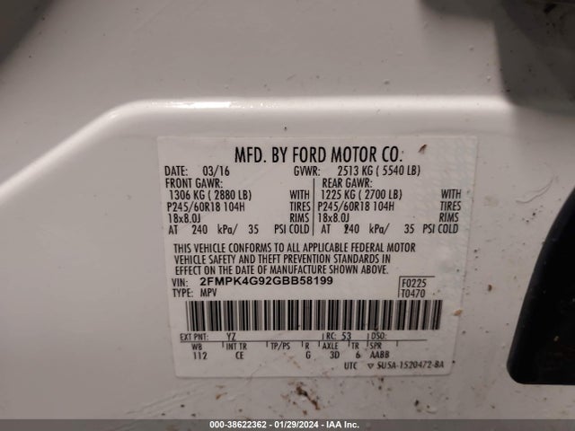 Ford EDGE SE 2016 2FMPK4G92GBB58199 Image 9