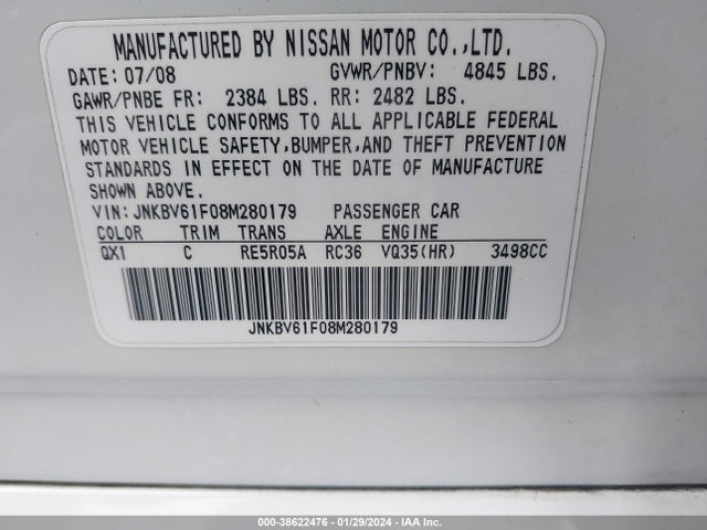 2008 INFINITI G35X VIN: JNKBV61F08M280179