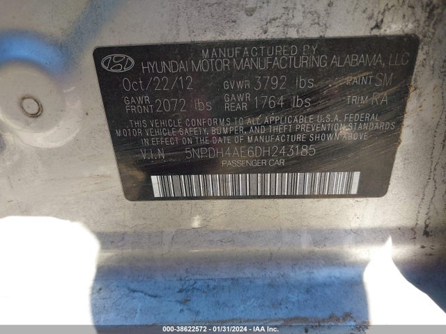 2013 HYUNDAI ELANTRA GLS VIN: 5NPDH4AE6DH243185