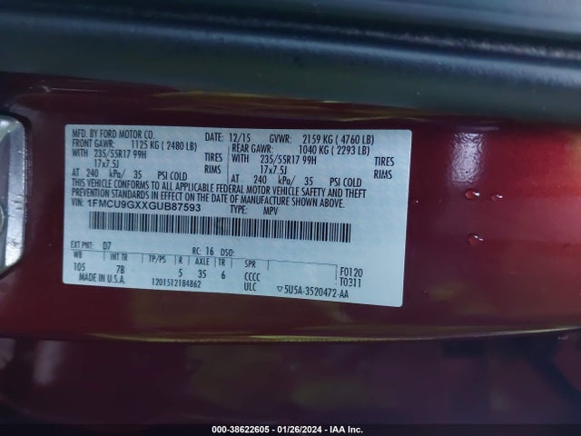 Ford ESCAPE SE 2016 1FMCU9GXXGUB87593 Image 9