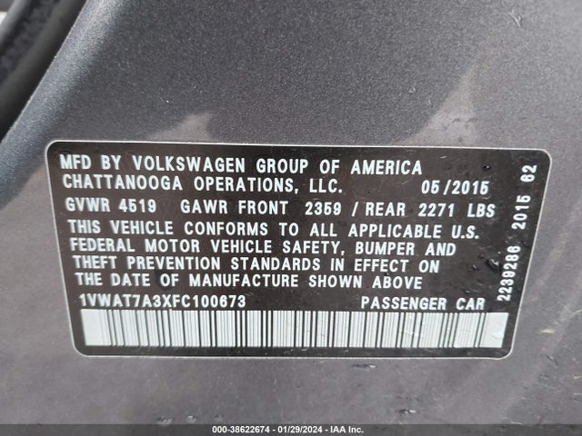 1VWAT7A3XFC100673 Volkswagen Passat 1.8t S