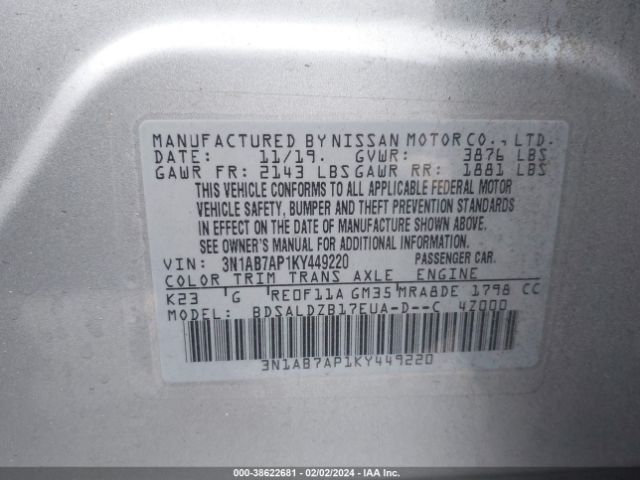3N1AB7AP1KY449220 Nissan SENTRA SV