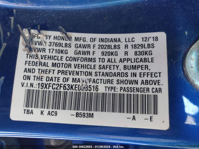 Honda Civic Lx 2019 19XFC2F63KE008516 Image 9