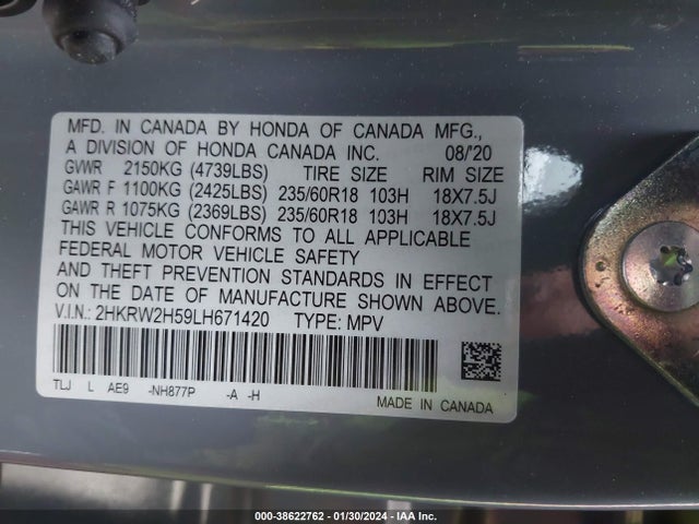 Honda Cr-v Awd Ex 2020 2HKRW2H59LH671420 Image 9